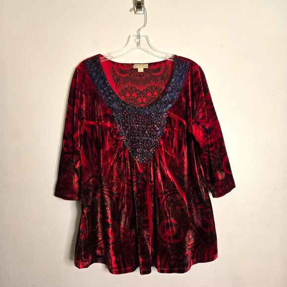 Red Velvet Embellished 3/4 Sleeve Blouse Size 1X Medieval Dark Fairy Whimsigoth - Picture 1 of 11